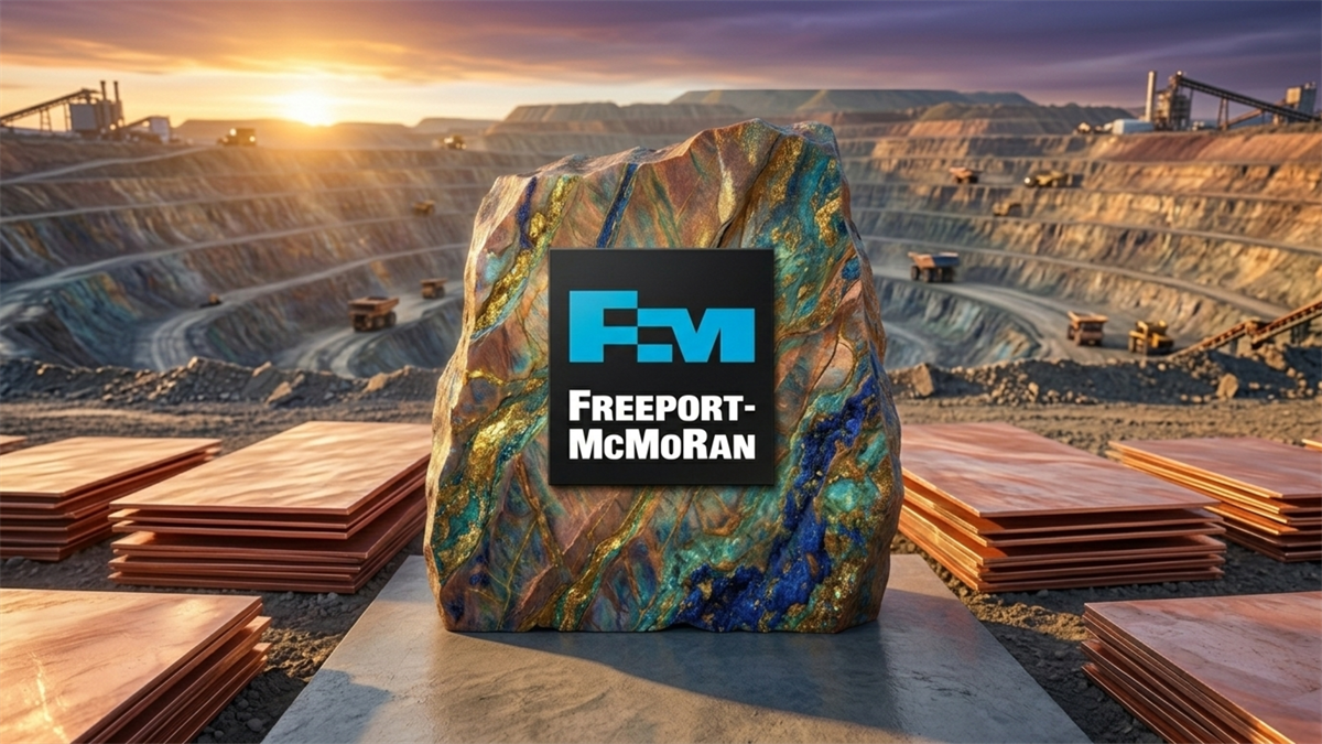 Freeport-McMoRan logo on ore at open-pit mine with copper sheets.
