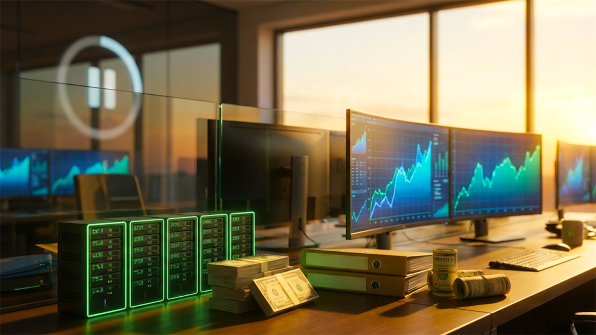 Trading desk with rising market charts reflects investor positioning amid higher-for-longer Federal Reserve rates.
