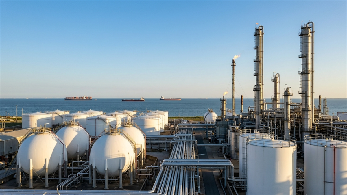 Petrochemical refinery with storage tanks and pipelines on the coast.