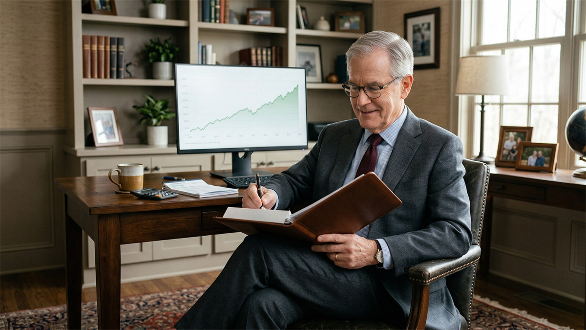 Older investor reviewing a portfolio in a home office, with a steady upward stock chart in the background, representing long-term “baby boomer” investing strategy.