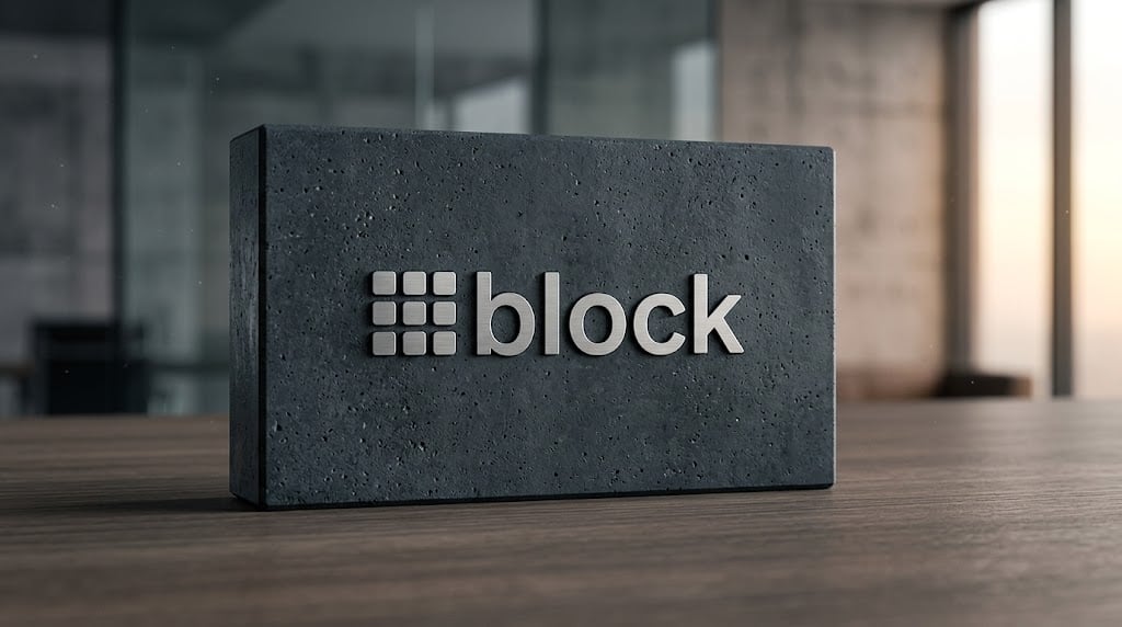 Block Inc. logo displayed on a dark stone plaque resting on a wooden surface.
