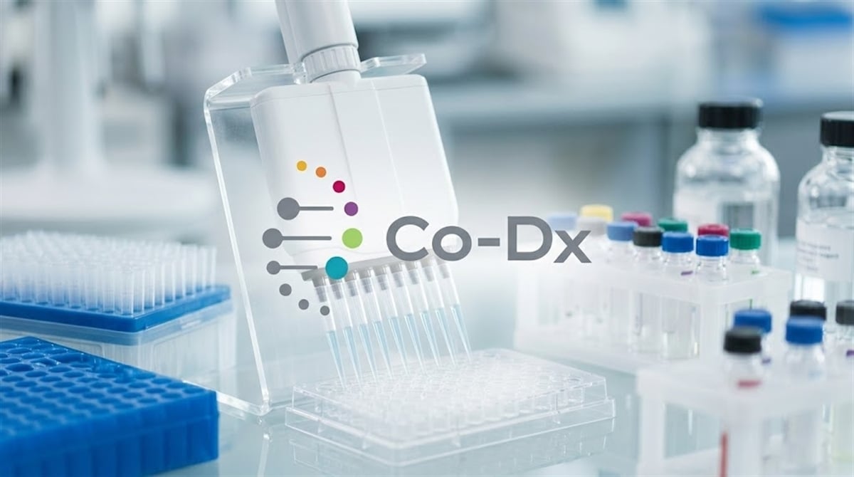 Co-Dx logo overlaid on a laboratory scene featuring a multi-channel pipette and sample plates.
