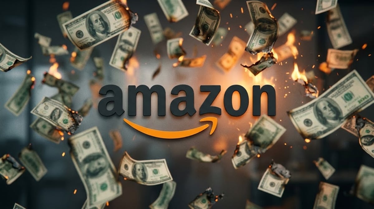 The Amazon logo surrounded by burning and scattered U.S. hundred-dollar bills.