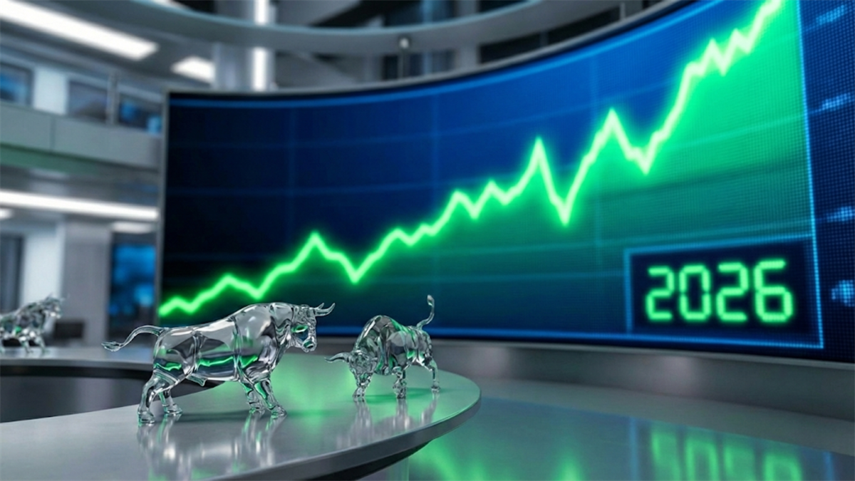 Bull statues face a rising 2026 market chart, signaling upbeat stock outlook and gains.