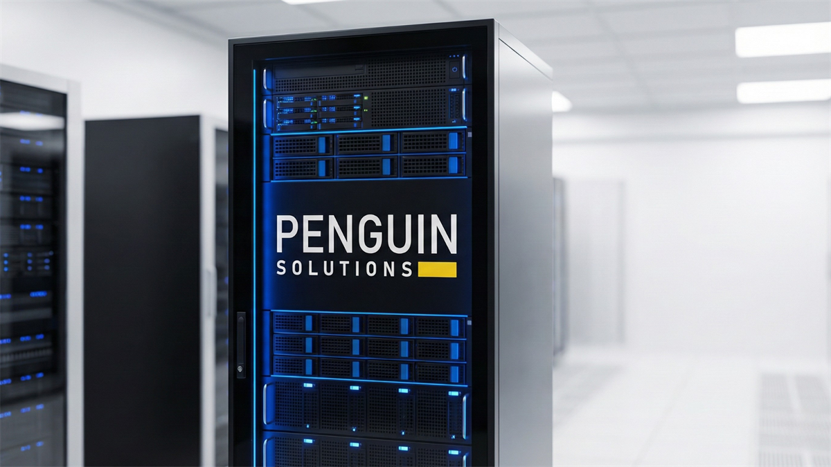 Server rack with Penguin Solutions branding in a modern data center, representing AI memory infrastructure growth.