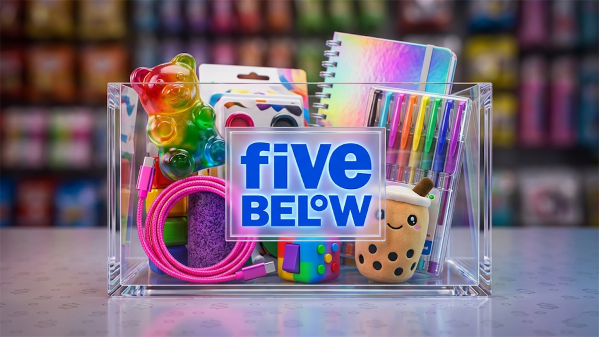 Five Below display of toys, school supplies, and accessories.