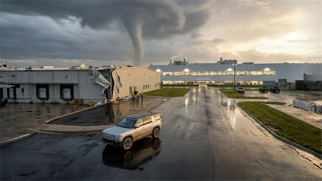 A Rivian electric SUV sits in a wet parking lot outside a storm-damaged manufacturing facility with a tornado visible in the background.