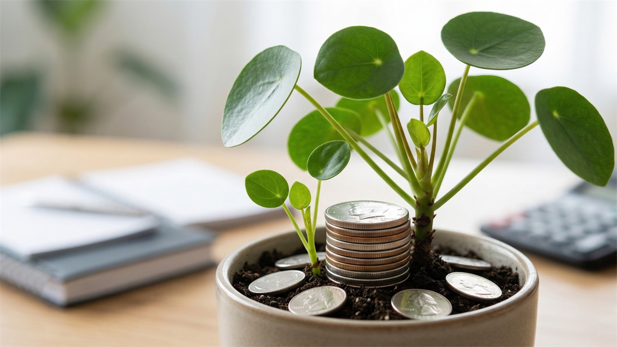 Coins stacked in soil beside a thriving plant, symbolizing dividend growth investing and long-term ETF income.