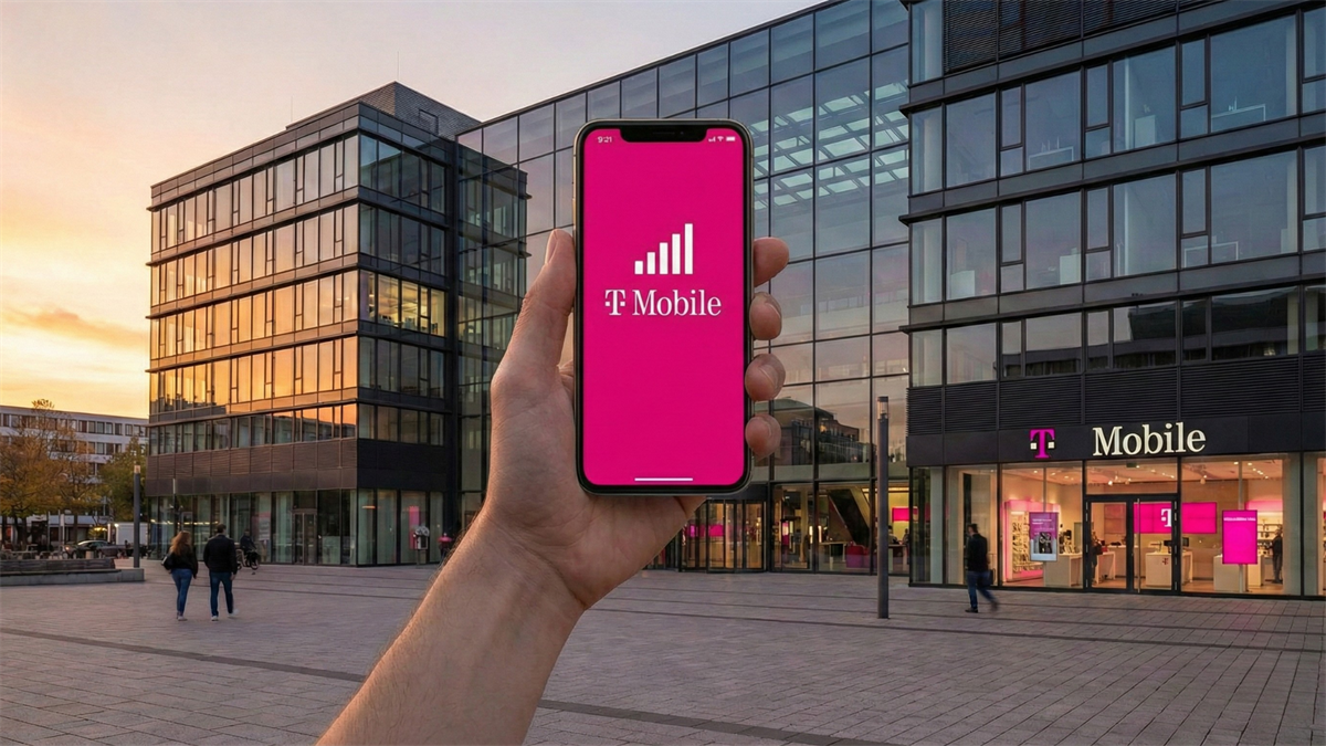 Hand holds a smartphone showing T-Mobile logo in front of a modern glass building and T-Mobile store at sunset.