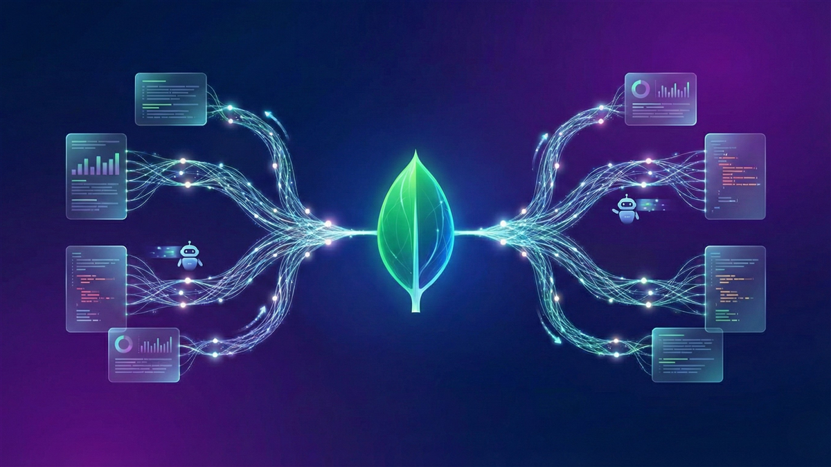 MongoDB leaf logo linked to glowing neural-pathway circuits representing early but rising AI adoption.