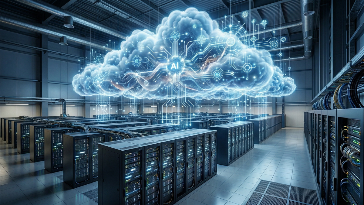 AI cloud infrastructure visualization above data center servers, showing connected networks powering advanced computing systems.