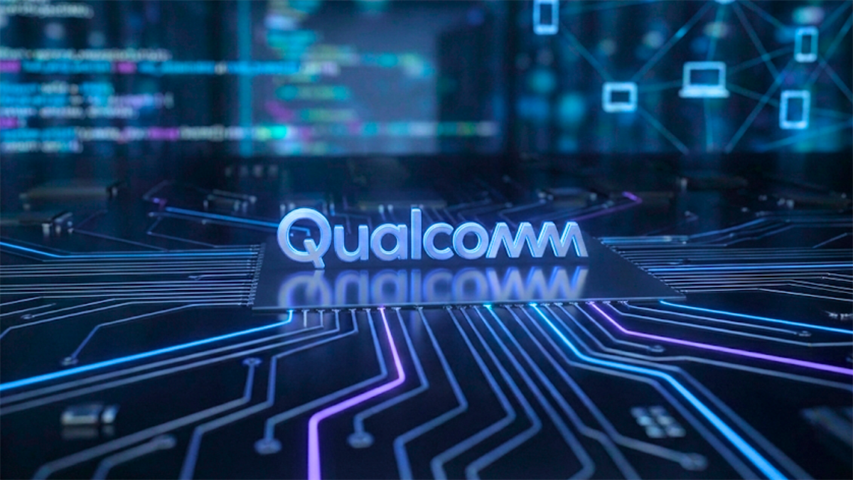 Qualcomm logo on a glowing microchip with neon circuit traces and blurred code/network graphics in the background.