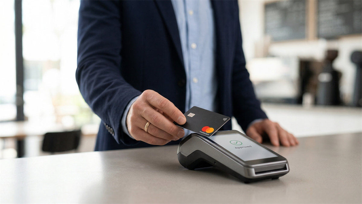Businessman tapping Mastercard on payment terminal, symbolizing digital payments growth and strategic shift to services.
