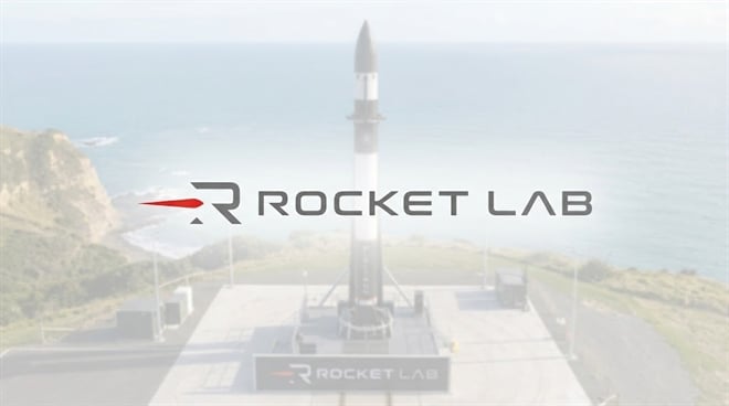 Rocket Lab logo over a blurred rocket launch site.