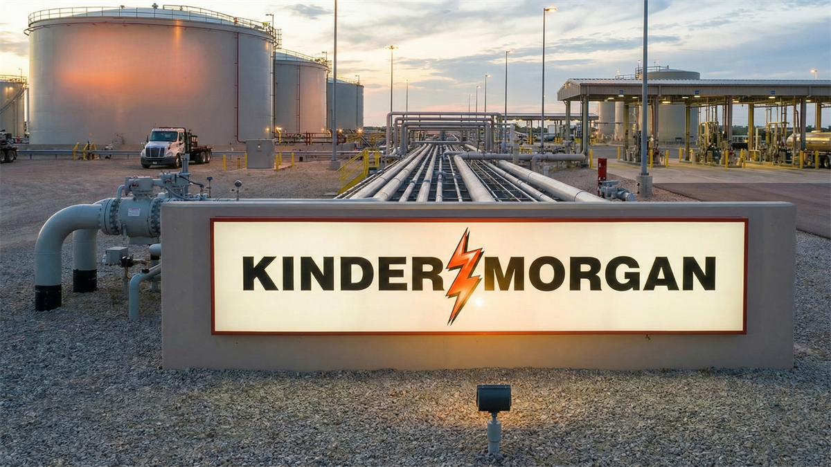 Kinder Morgan natural gas facility with pipelines and storage tanks at dusk, illuminated company sign in foreground.