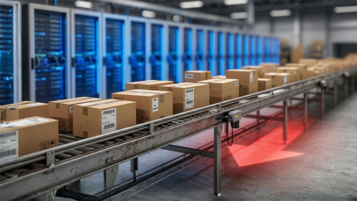 Automated conveyor with parcels in high-tech warehouse underscores Alibaba cloud, AI and e-commerce logistics growth.
