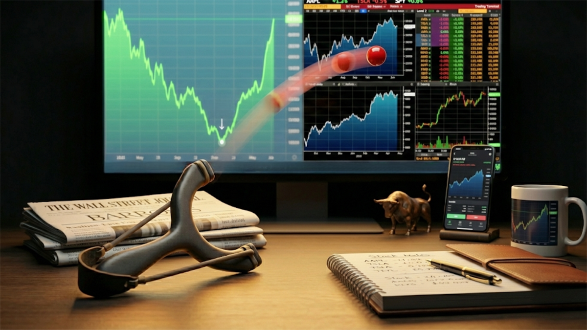 Slingshot and rising stock charts symbolize a rebound from a 52-week low, highlighting renewed market momentum.