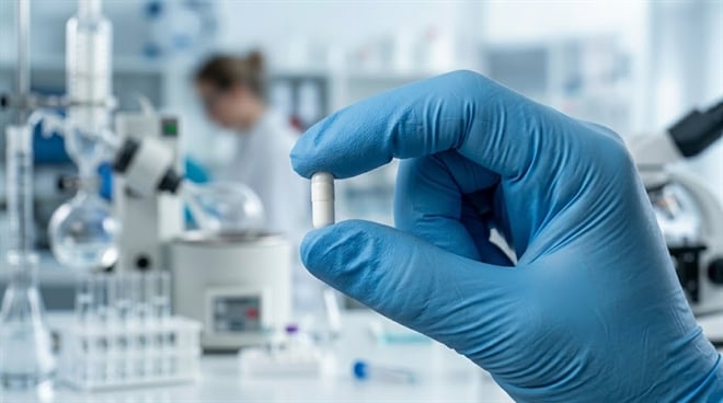 A gloved hand holds a white capsule pill in a pharmaceutical laboratory setting.