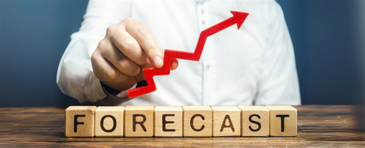 Man holds red arrow up over word Forecast.