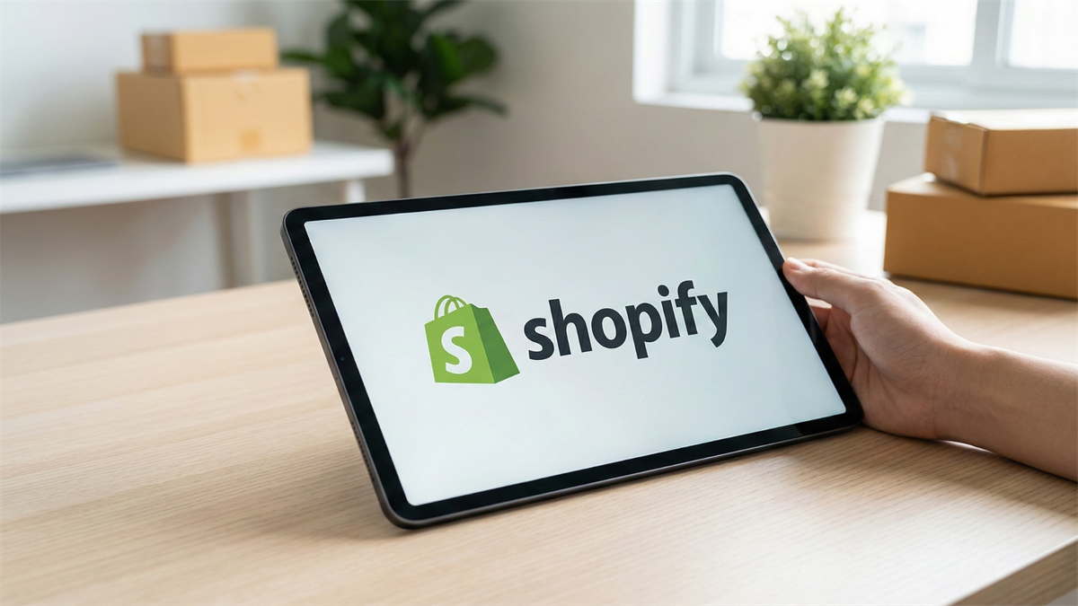 Tablet on a desk showing the Shopify logo, with shipping boxes in the background, illustrating AI-driven ecommerce growth.
