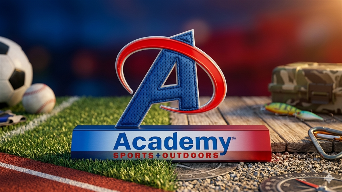 Academy Sports + Outdoors logo sits amid sports gear and outdoor equipment.