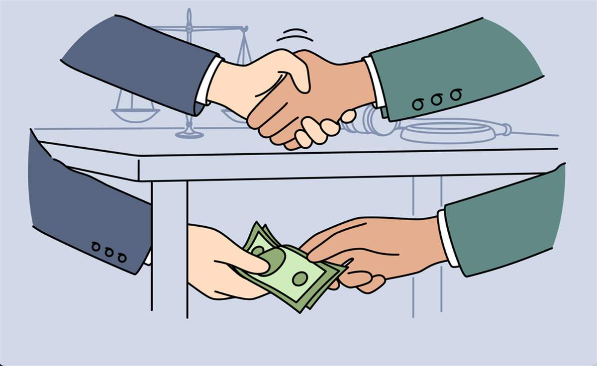 Official shakes hands with businessman after receiving bribe for unfair judicial decision or closure of criminal case. Judge with bribe symbolizes problems in field of law and jurisprudence — Vector
