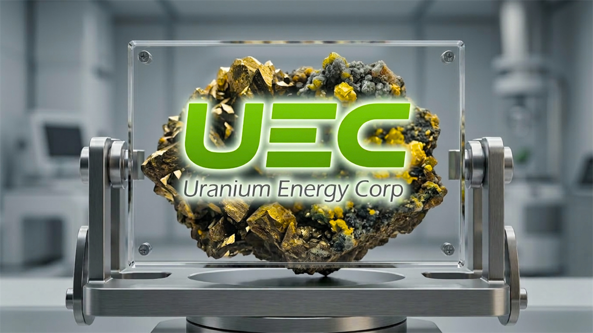 Uranium Energy Corp logo over uranium ore sample in lab display.