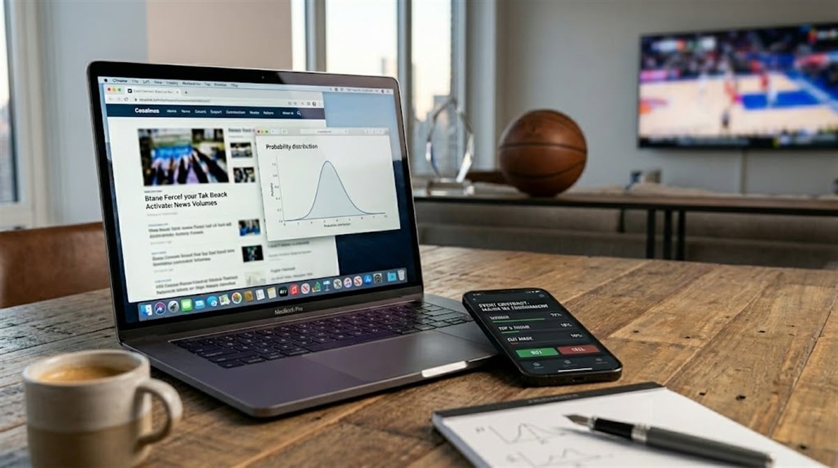 A MacBook Pro and smartphone displaying financial data and a probability distribution chart on a wooden desk.