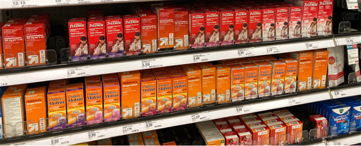 Photo of Tylenol, motrin, and competitors on a store shelf