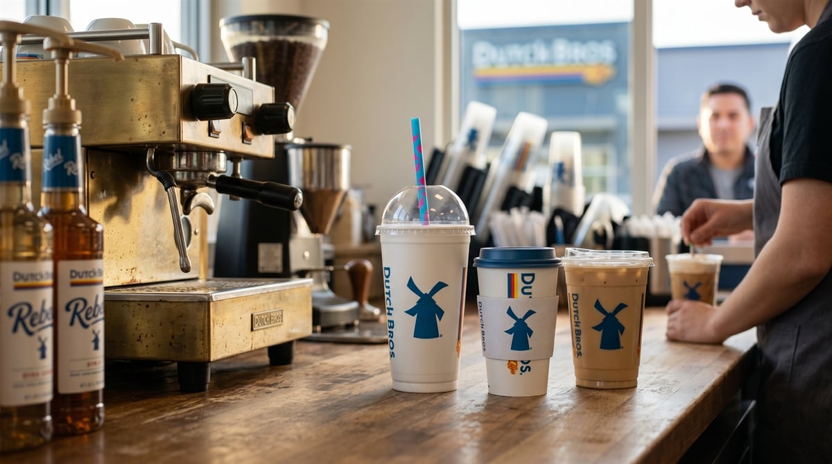 Dutch Bros branded cups and Rebel syrup bottles sit on a counter inside a Dutch Bros coffee location.