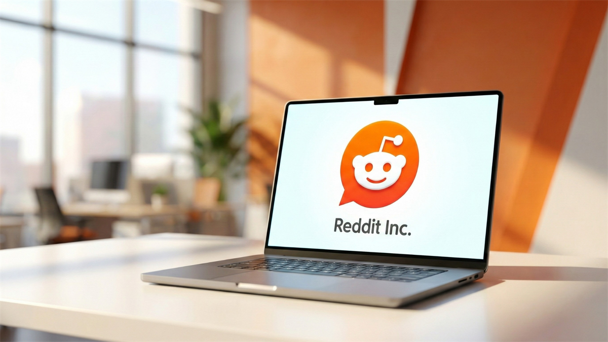 Reddit logo open on a computer in a well-lit office.