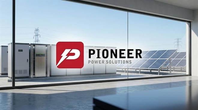 Interior view looking through a large window at an array of modern solar panels and a bank of large battery energy storage units, with the Pioneer Power Solutions' logo displayed.