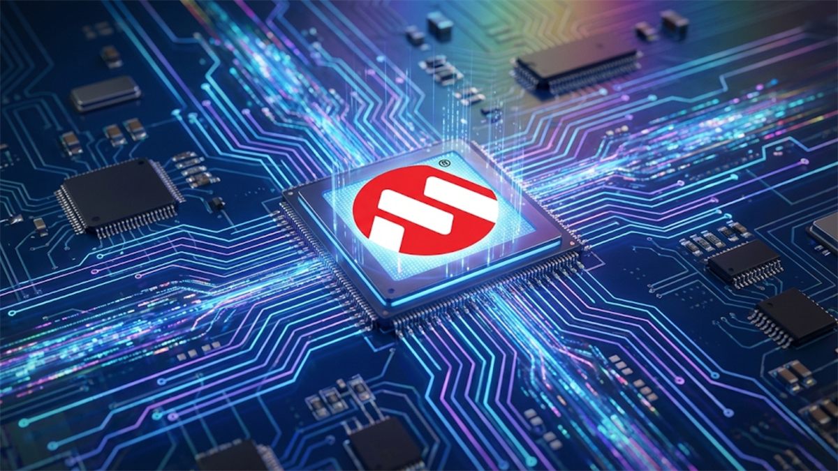 Microchip Technology logo on a semiconductor chip, highlighting AI-driven demand and chip stock outlook.