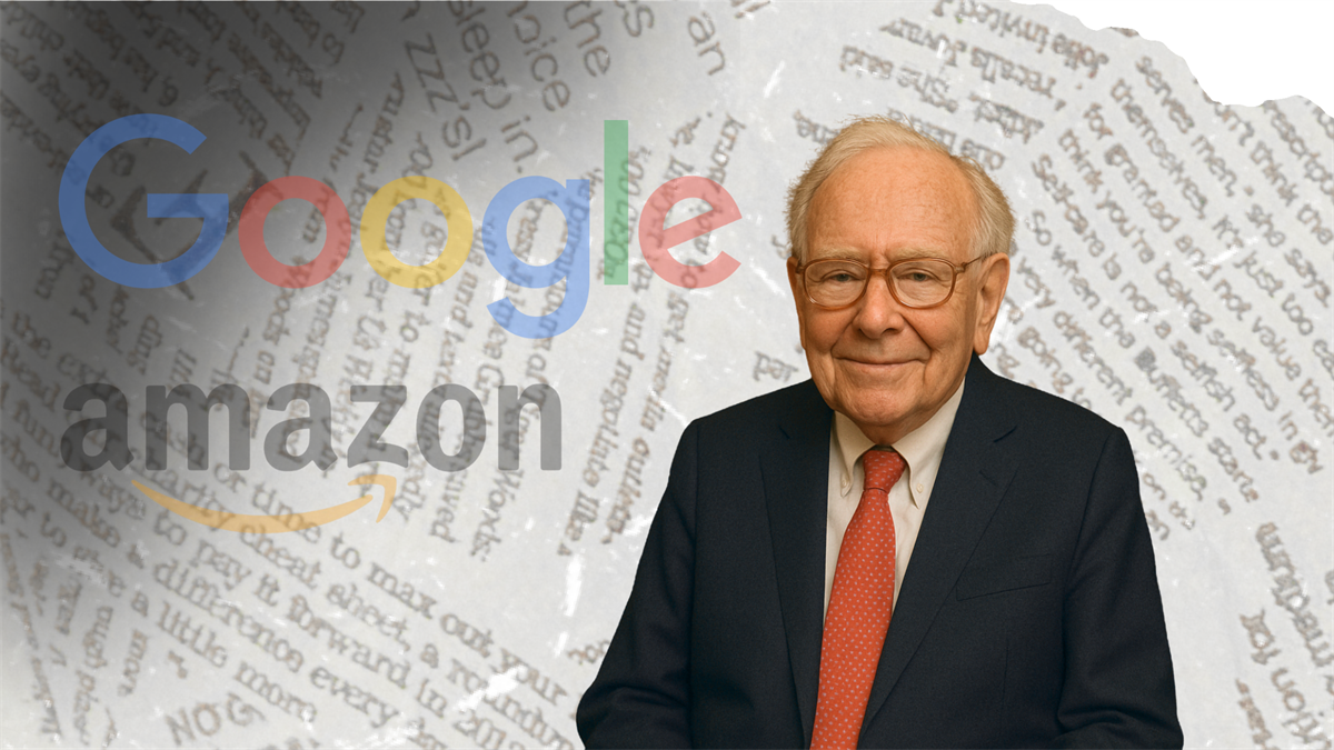 Warren Buffett portrait with Google and Amazon logos over financial newspaper background