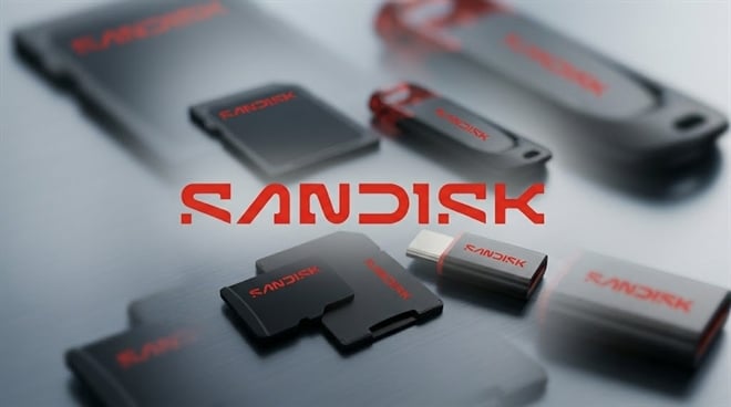 Collection of SanDisk storage products on a metal background, with a large red central logo.