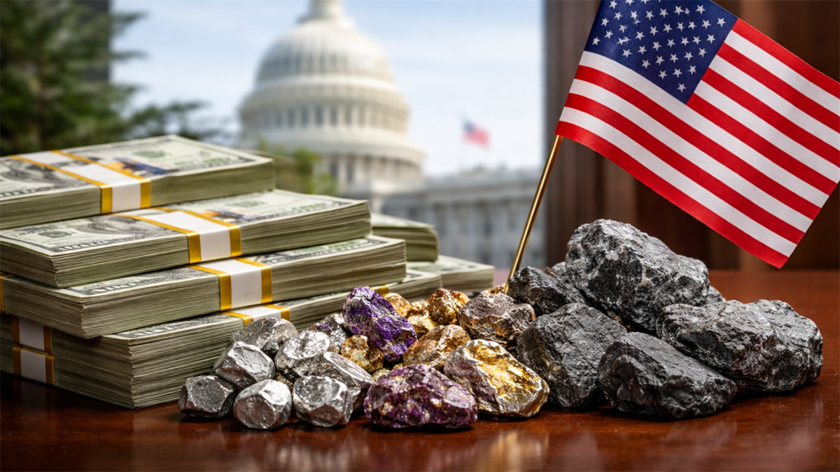 US flag, cash stacks and ore rocks with Capitol backdrop, highlighting U.S. critical minerals funding policy.