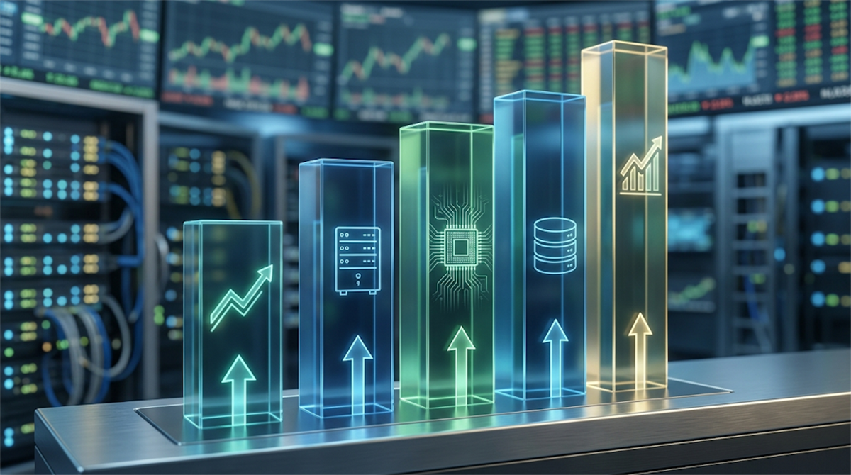 Illustration of rising glowing bar chart columns with technology icons set against a financial data screen backdrop.