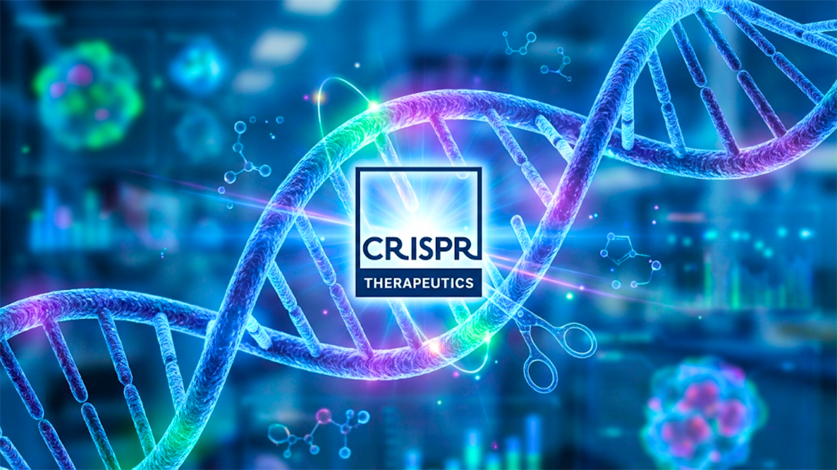 CRISPR Therapeutics logo over a DNA helix and lab graphics, spotlighting gene-editing biotech and CRSP stock volatility.