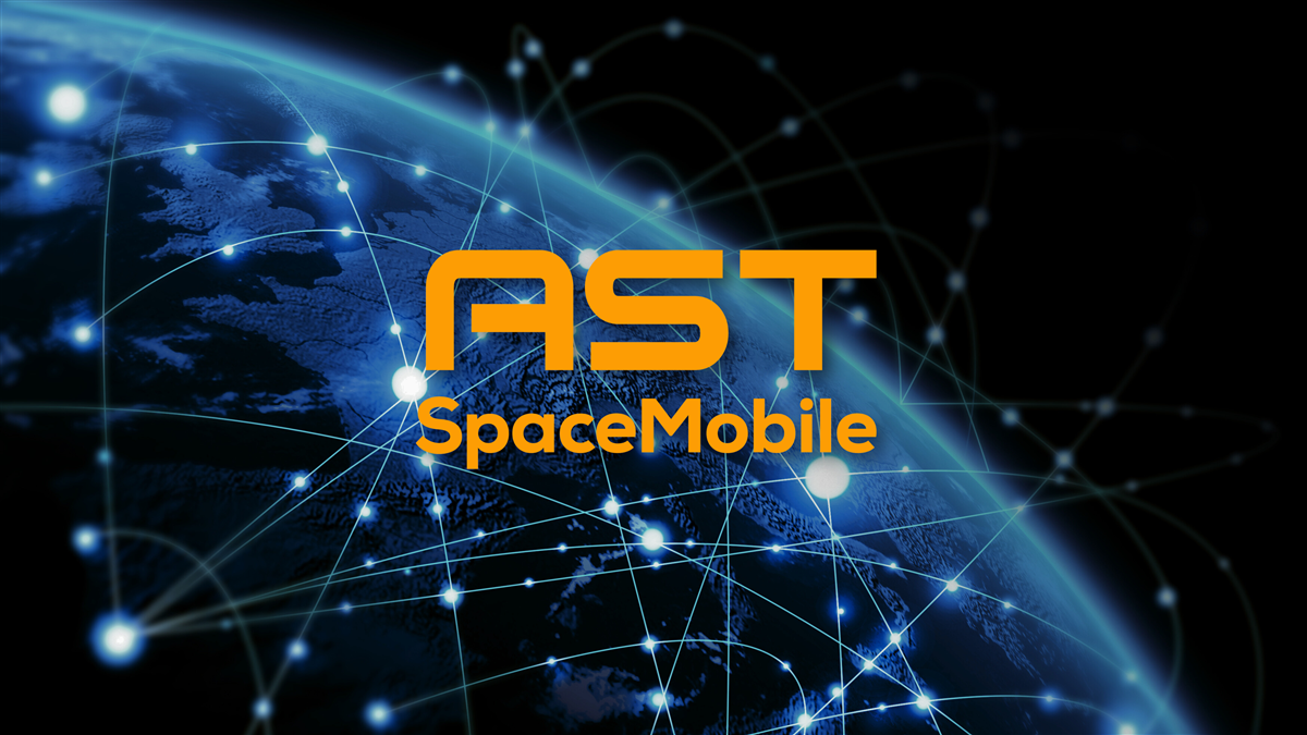 AST SpaceMobile logo overlaid on an image of Earth with symbols representing global telecommunications.