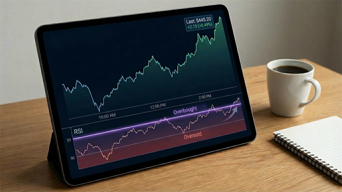 Tablet displays rising stock and RSI hitting overbought levels beside coffee and notes.