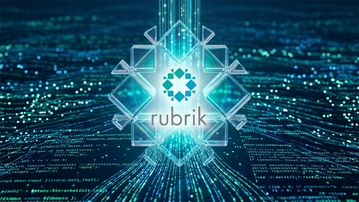 Rubrik logo on digital data streams and code backdrop.