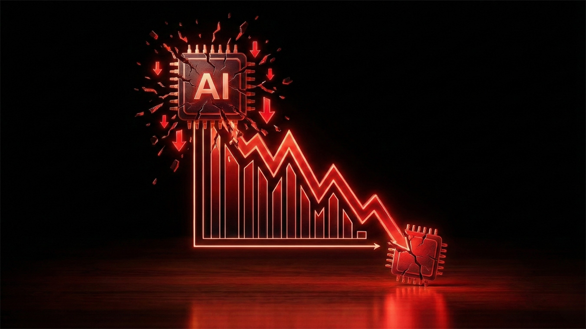 Cracking AI chip above a glowing red plunging chart, symbolizing tech selloff and rotation risk.