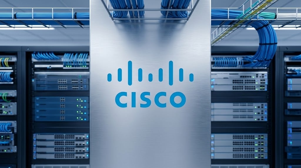 Cisco logo displayed on a server rack panel inside a data center.