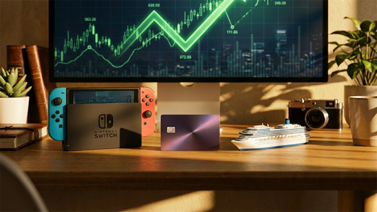 Fintech card sits beside a game controller and cruise ship model under a rising stock chart