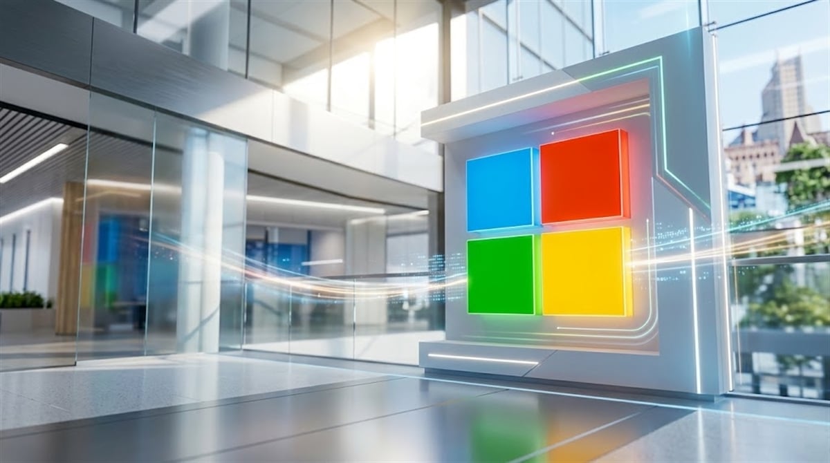 Microsoft logo displayed as a illuminated four-color sign inside a modern corporate office lobby.