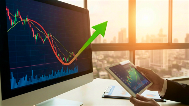 Stock chart reversing upward on screens, reflecting energy sector rebound amid oil supply shock and rising prices.