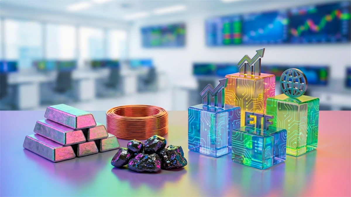 Commodity metals and ETF blocks with upward arrows on trading desk illustrate diversified investment strategies.