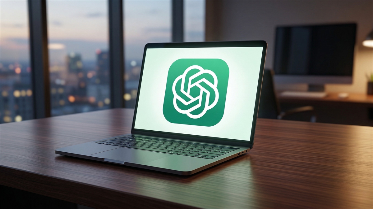 Laptop displaying the ChatGPT logo on a desk in a modern office with city skyline at dusk, representing AI chatbot technology and the growing ChatGPT ecosystem.