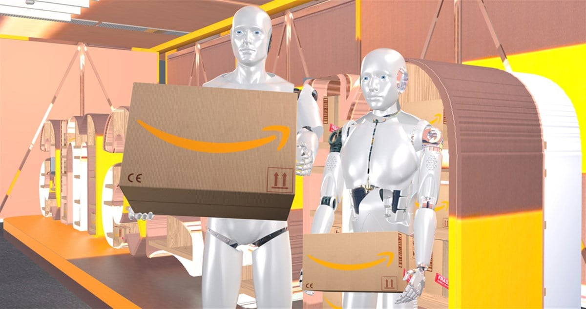 Humanoid robots holding cardboard packages on the background of Amazon logo