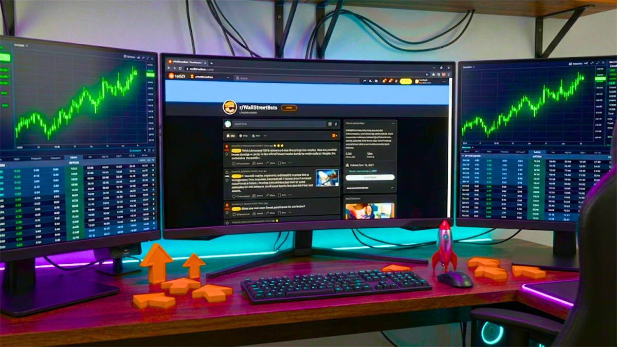 Triple-monitor trading setup shows WallStreetBets forum flanked by rising stock charts.